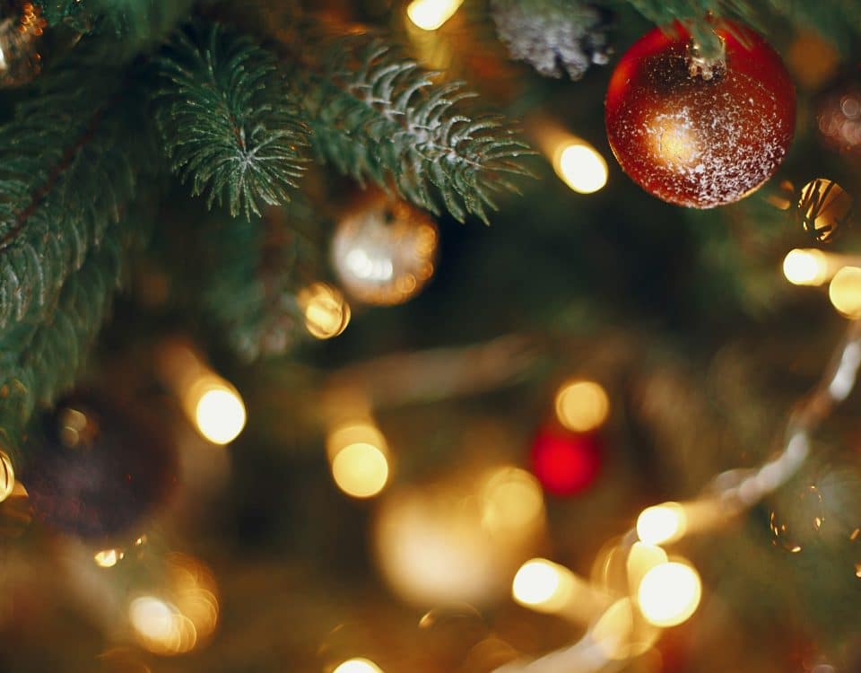 Closeup of Christmas tree lights and ornaments