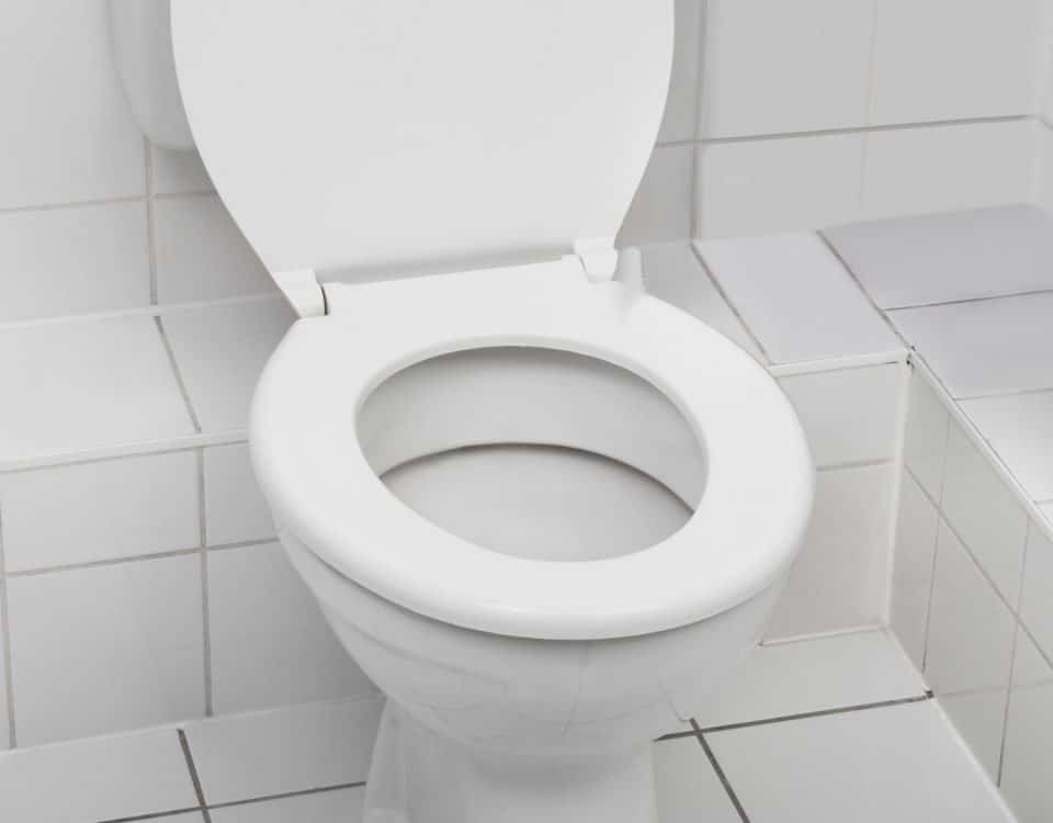 Toilet in a white tiled bathroom