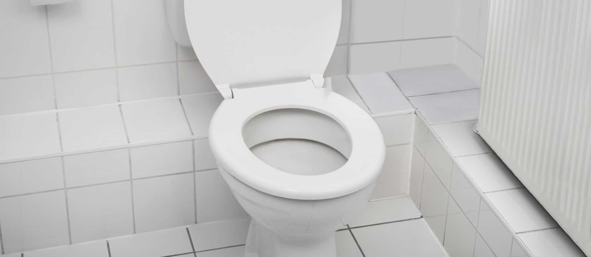 Toilet in a white tiled bathroom