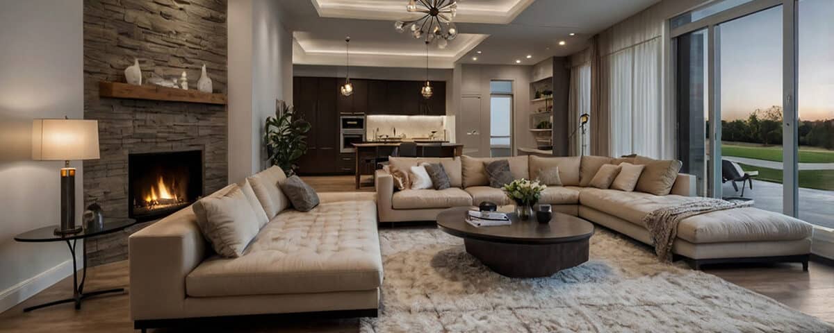 Living room with couches, fireplace, rug and coffee table