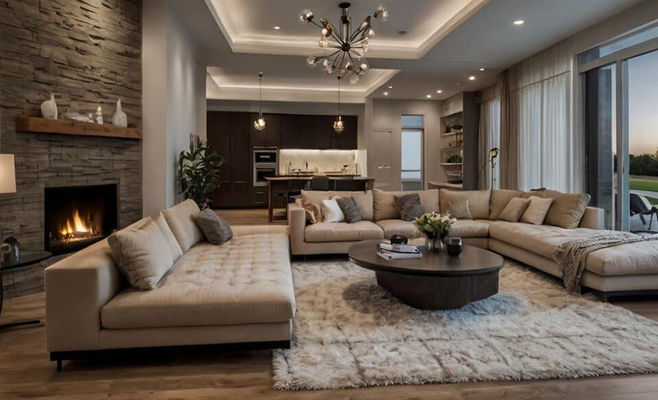Living room with couches, fireplace, rug and coffee table